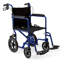Blue Medline foldable transport wheelchair with black upholstery and 12-inch wheels
