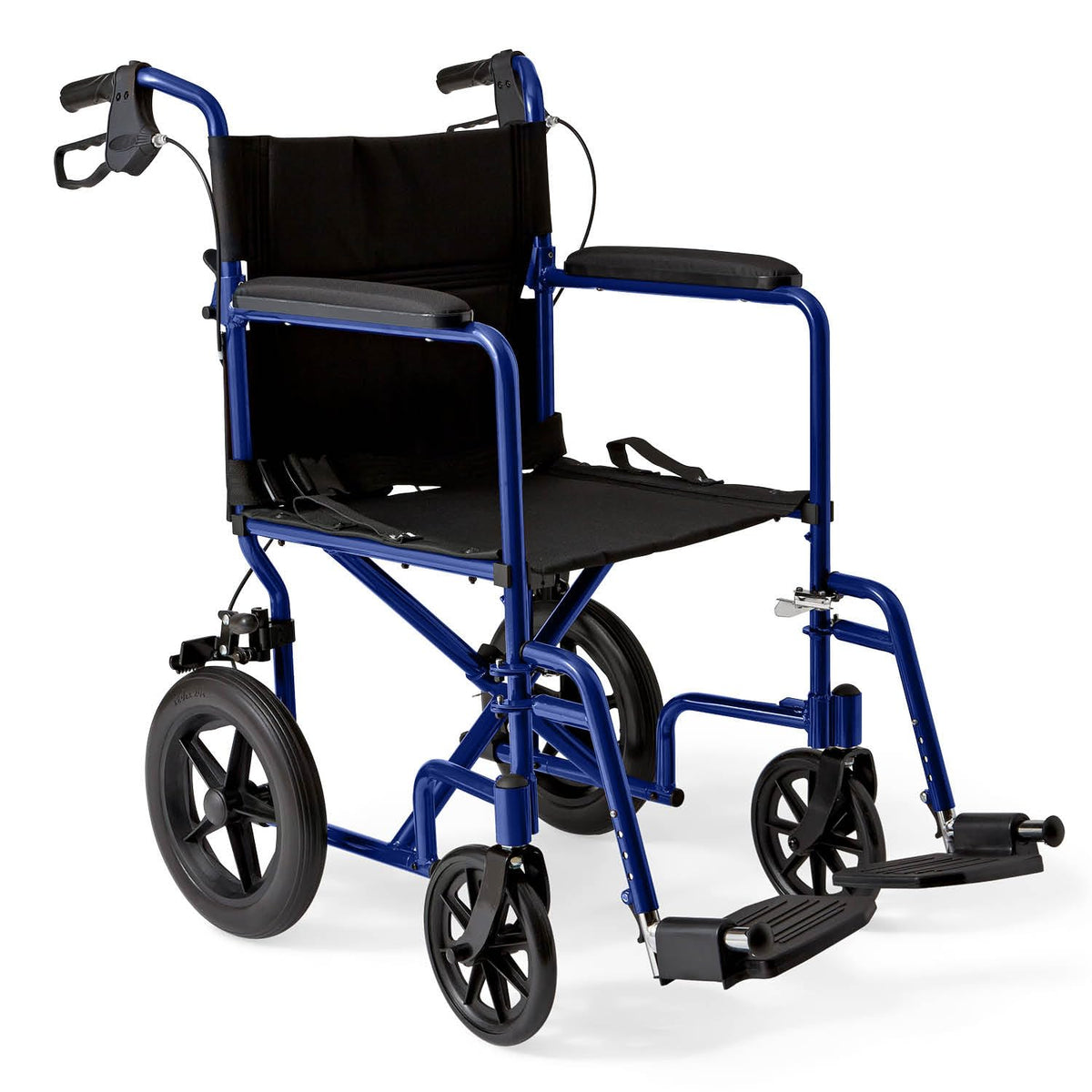 Blue Medline foldable transport wheelchair with black upholstery and 12-inch wheels