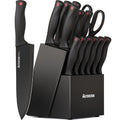 Astercook 15-piece German kitchen knives displayed in a wooden block, sharpener visible