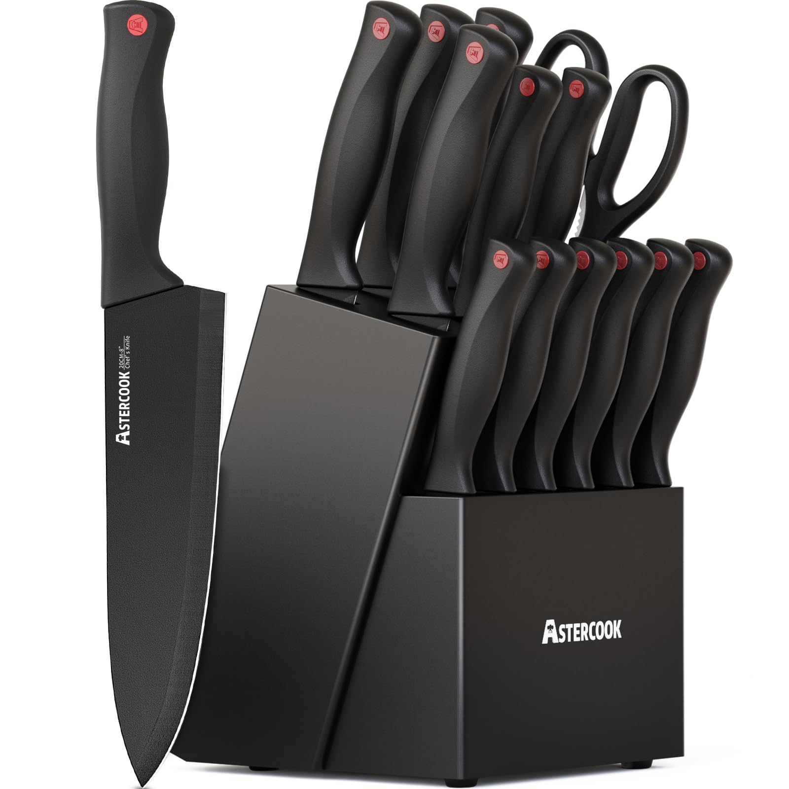 Astercook 15-piece German kitchen knives displayed in a wooden block, sharpener visible