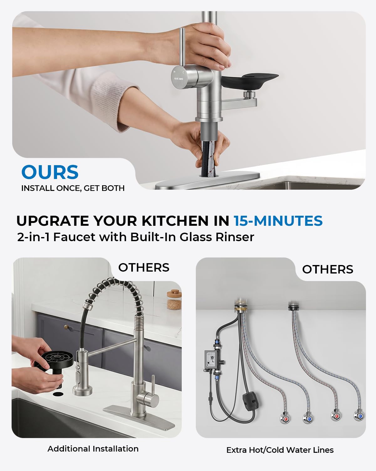 Kitchen Faucet with Glass Rinser, Pull Down Sparyer, 3 Water Modes image 8