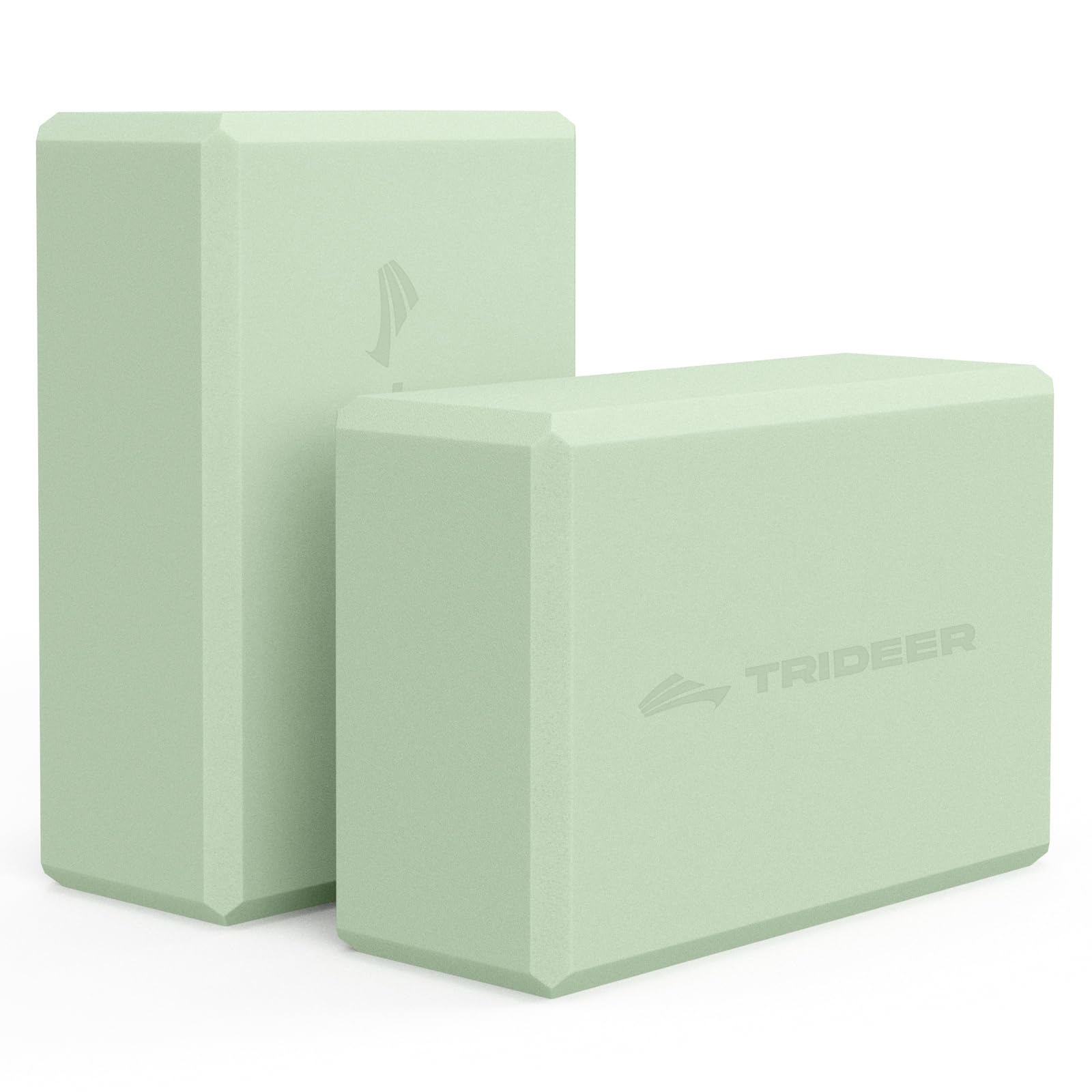 Two mint green Trideer foam yoga blocks showing soft non-slip surface