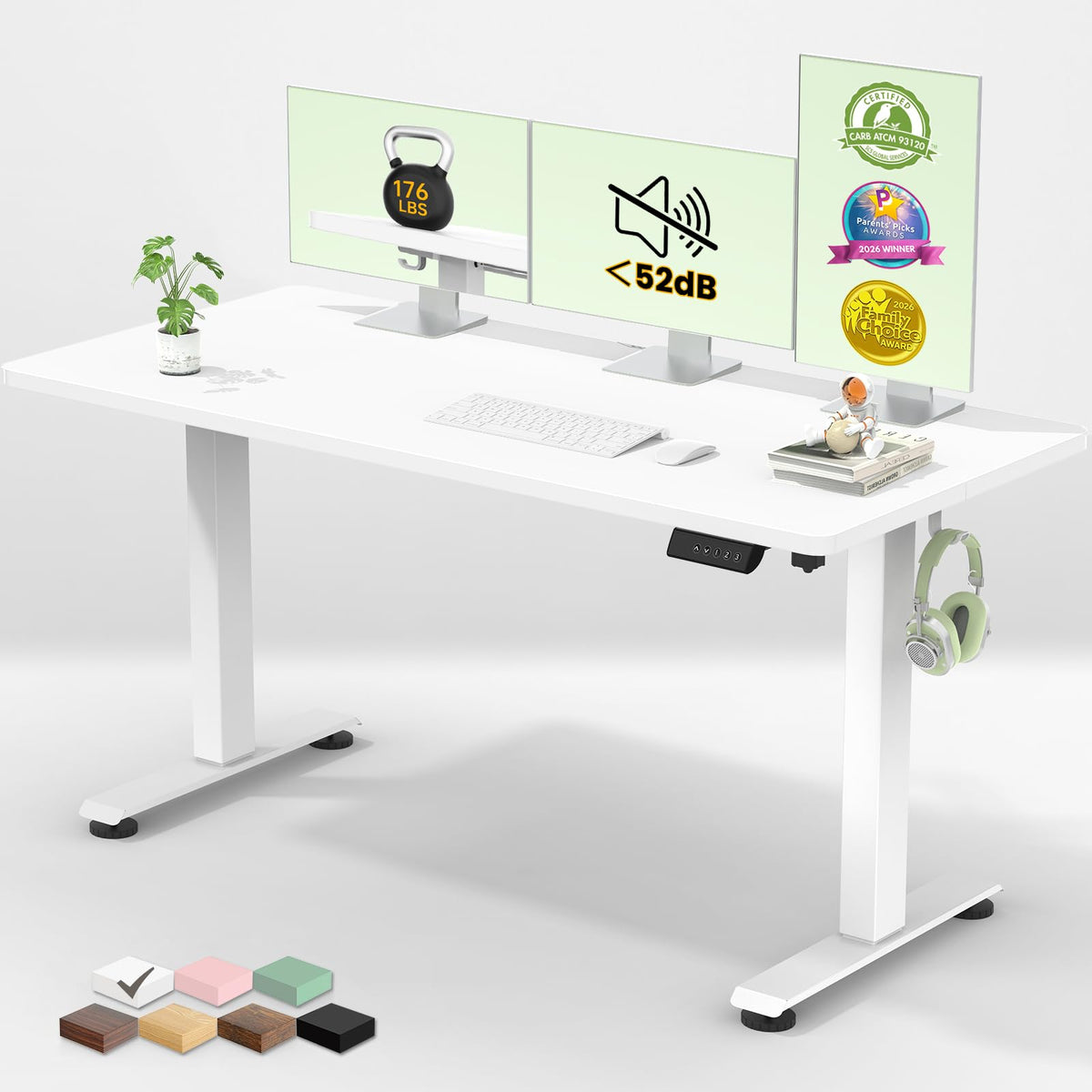 White Veken 55-inch electric height-adjustable standing desk with wide tabletop and digital control