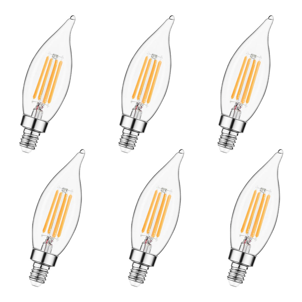E12 Candelabra LED Light Bulbs Dimmable, 60W Equivalent LED Chandelier Light Bulbs 4.5W Soft White 2700K 500LM CA10 Flame Tip Vintage LED Filament Candle Bulb with Decorative Candelabra Base, 6 Packs