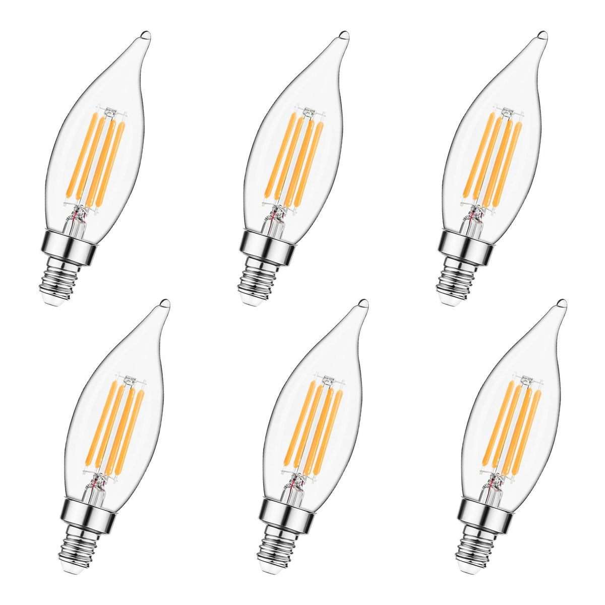 E12 Candelabra LED Light Bulbs Dimmable, 60W Equivalent LED Chandelier Light Bulbs 4.5W Soft White 2700K 500LM CA10 Flame Tip Vintage LED Filament Candle Bulb with Decorative Candelabra Base, 6 Packs