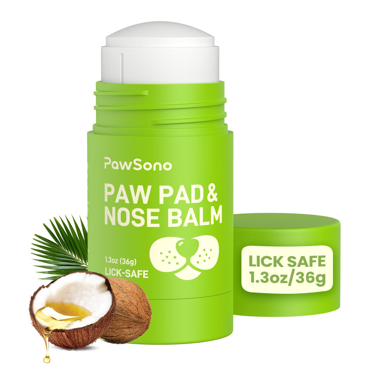 Tube of PawSono lick-safe dog paw and nose balm labeled coconut oil