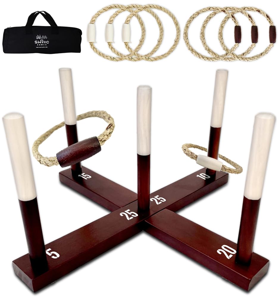 SWOOC rustic wooden peg ring toss game with oversized rope rings on grass