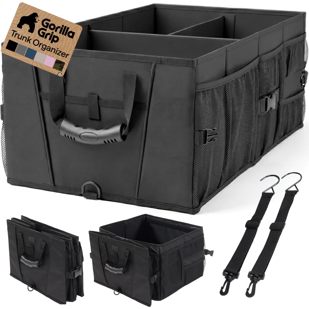 Black GORILLA GRIP large trunk organizer open in car trunk showing compartments