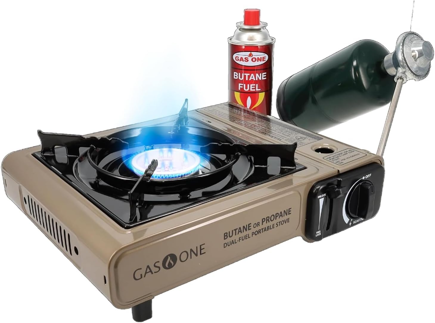Gas One GS-3400P dual-fuel portable camping stove with carrying case