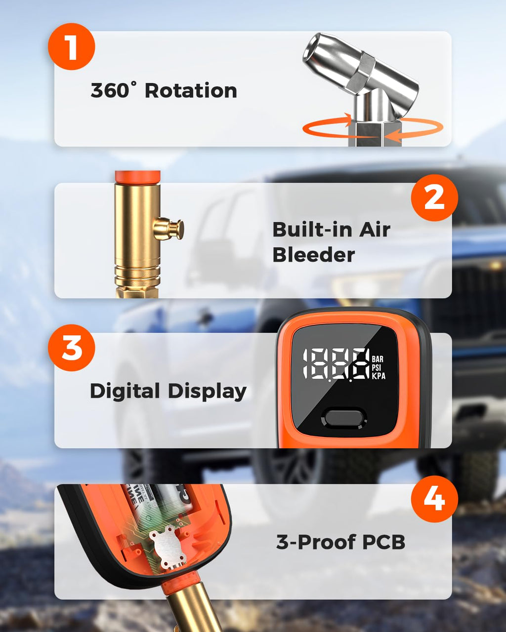 ETENWOLF T600 Digital Tire Pressure Gauge 250 PSI with Rubber Hose, Orange image 4