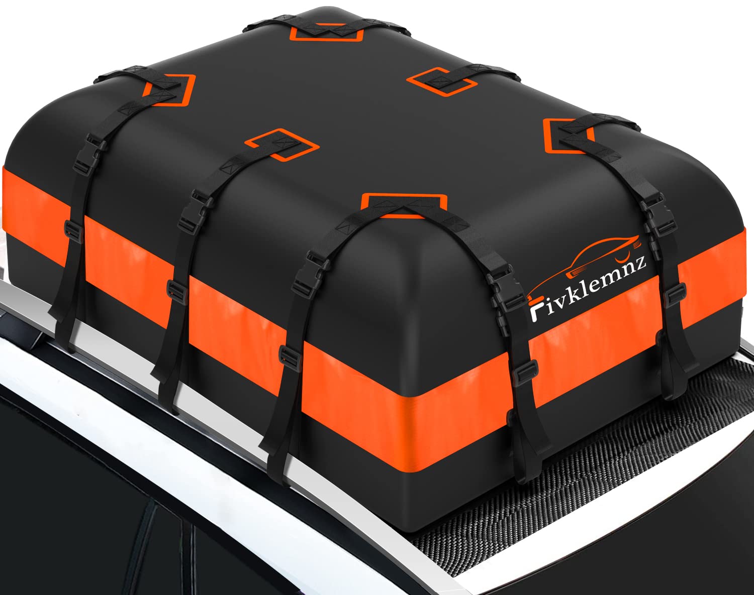 Black waterproof soft rooftop cargo bag mounted on car roof carrying luggage
