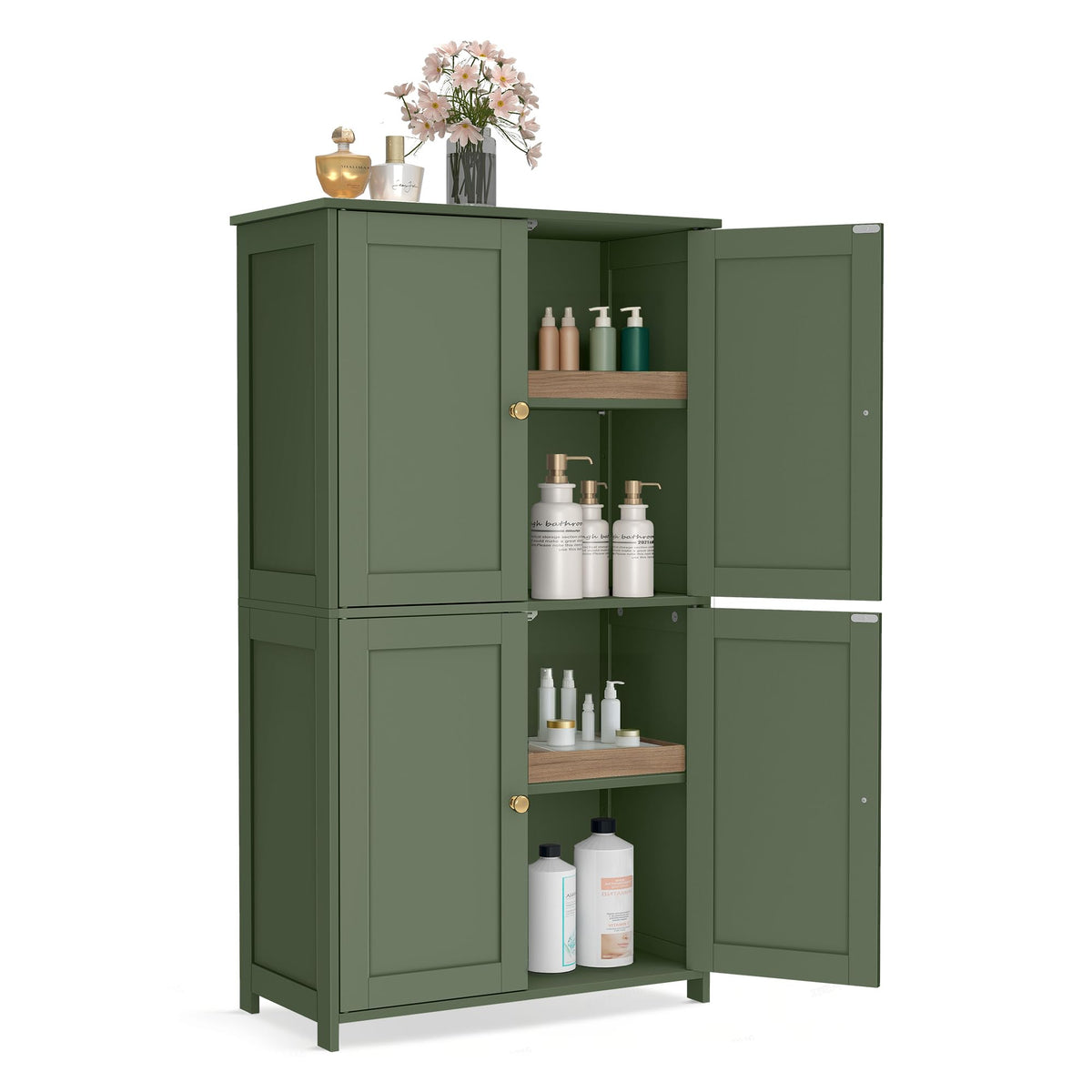 VASAGLE 4-door floor storage cabinet in wood finish featuring adjustable shelves