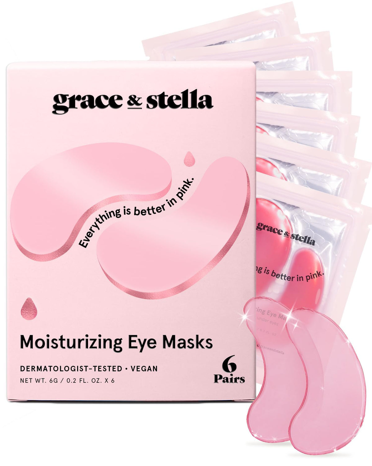 Pink gel under-eye patches (6 pairs) on backing sheet, grace & stella