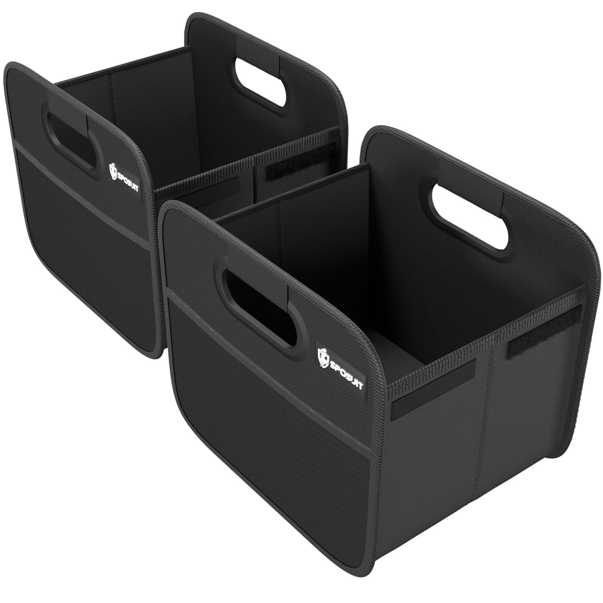 Two black Sposuit split trunk organizers placed in a car trunk