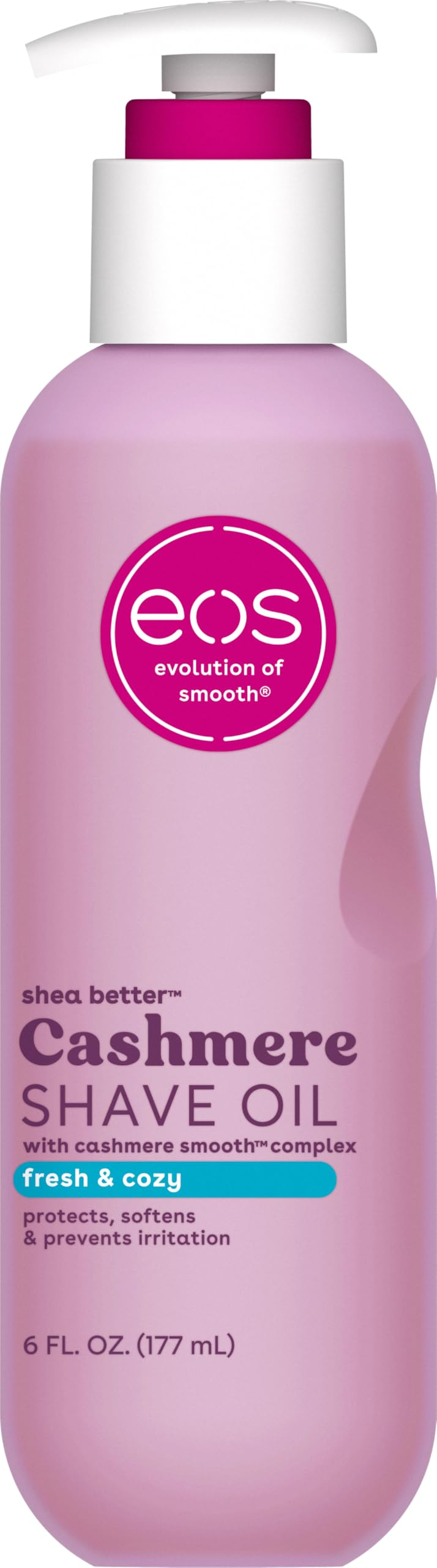 eos Cashmere Shave Oil 6 fl oz clear bottle with label