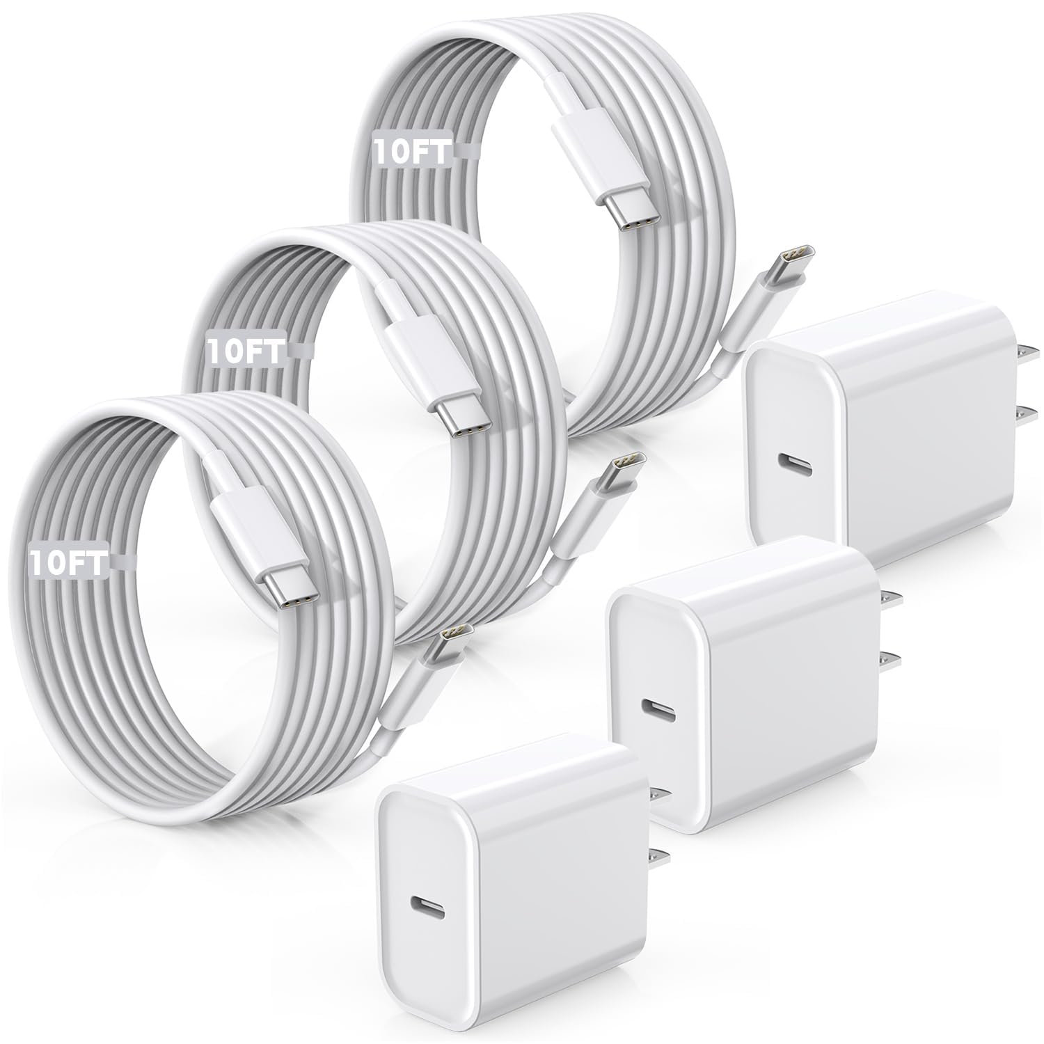 TrimDish three 10ft USB-C to USB-C fast charging cables and a USB-C wall charger block