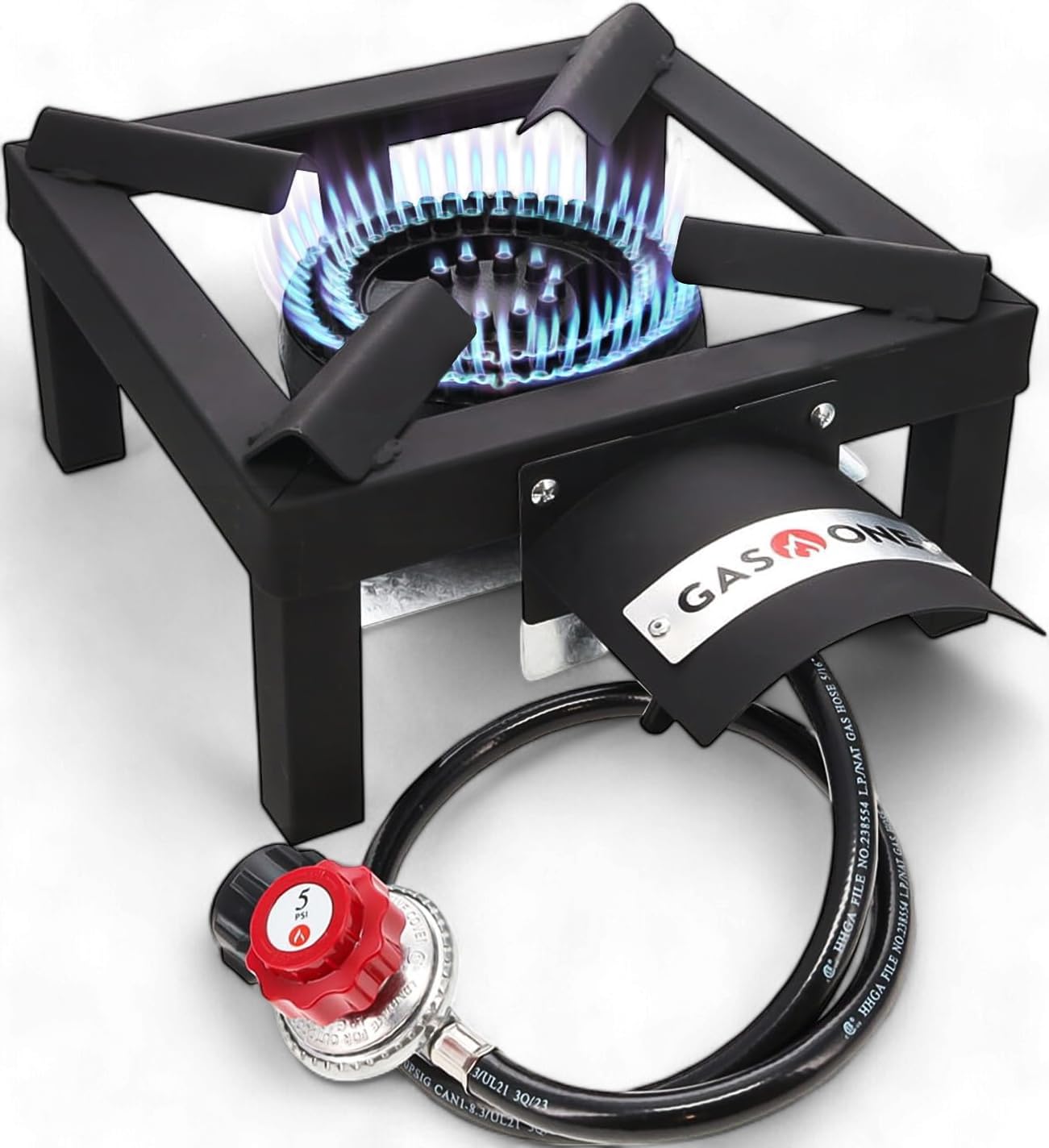 Gas One single high-pressure propane burner head showing heat shield guard