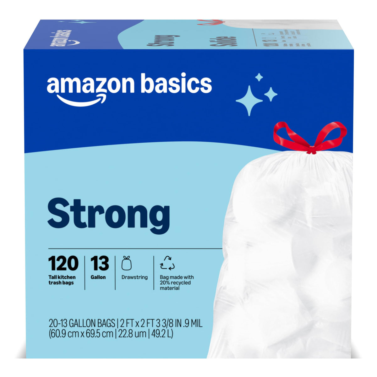 Amazon Basics 13-gallon unscented drawstring trash bags roll and box