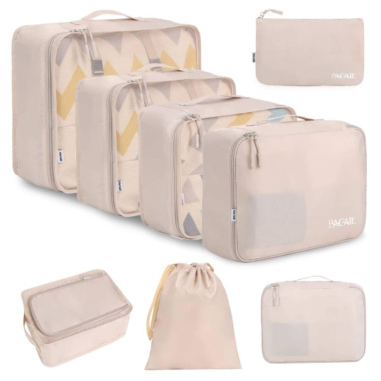 Cream BAGAIL 8-piece packing cubes laid out for luggage organization