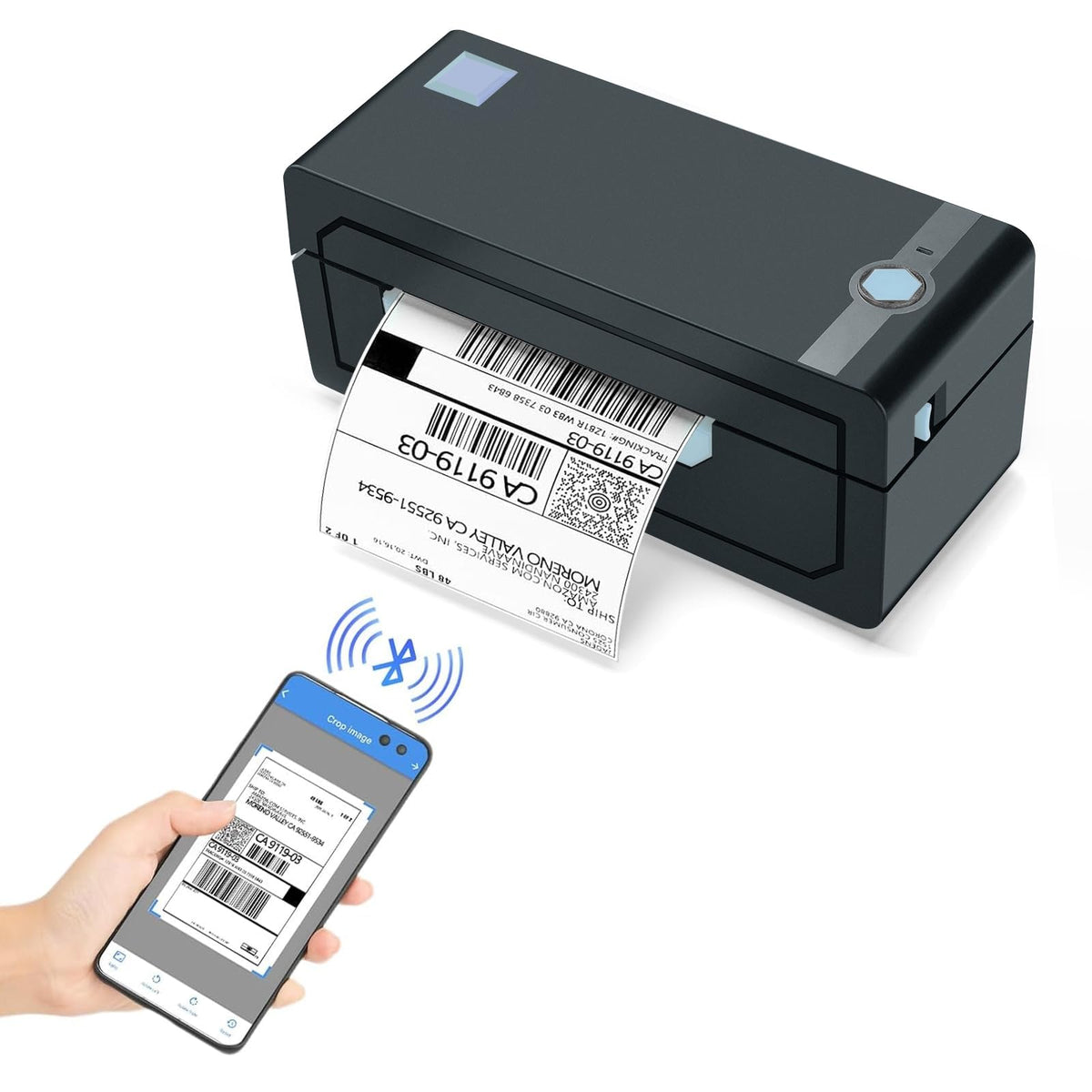 JADENS Bluetooth 4x6 thermal label printer printing a shipping label