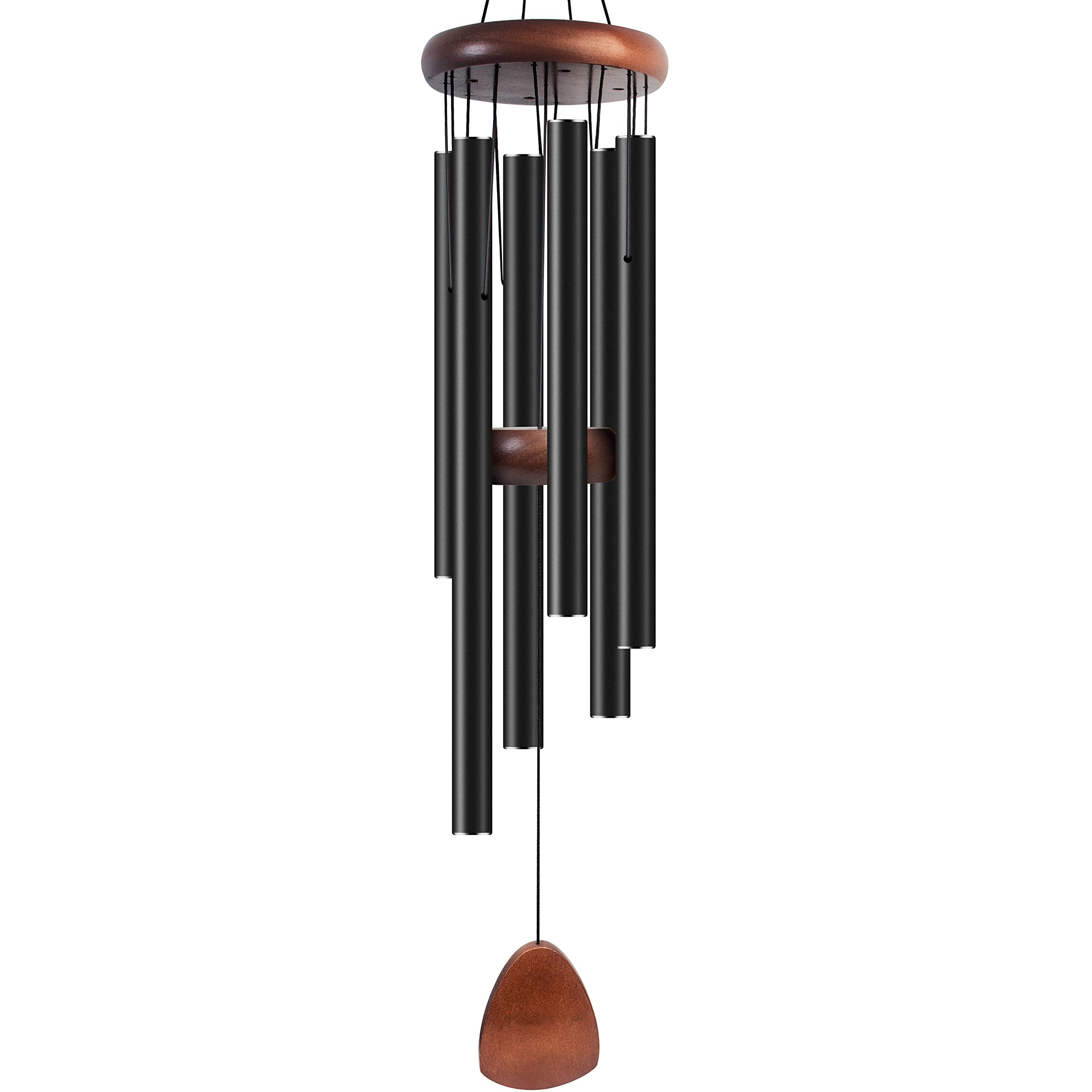 Bursvik 37-inch black aluminum wind chimes hanging on a patio