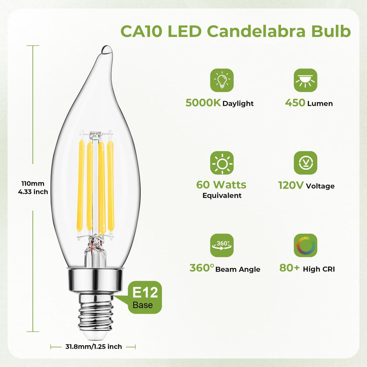 Sigalux Dimmable E12 LED Candelabra Bulb 60 Watt Equivalent, Chandelier Light Bulbs 5000K Daylight, CA10 Candle Bulbs for Chandelier, 5W, 450LM,12 Pack image 2