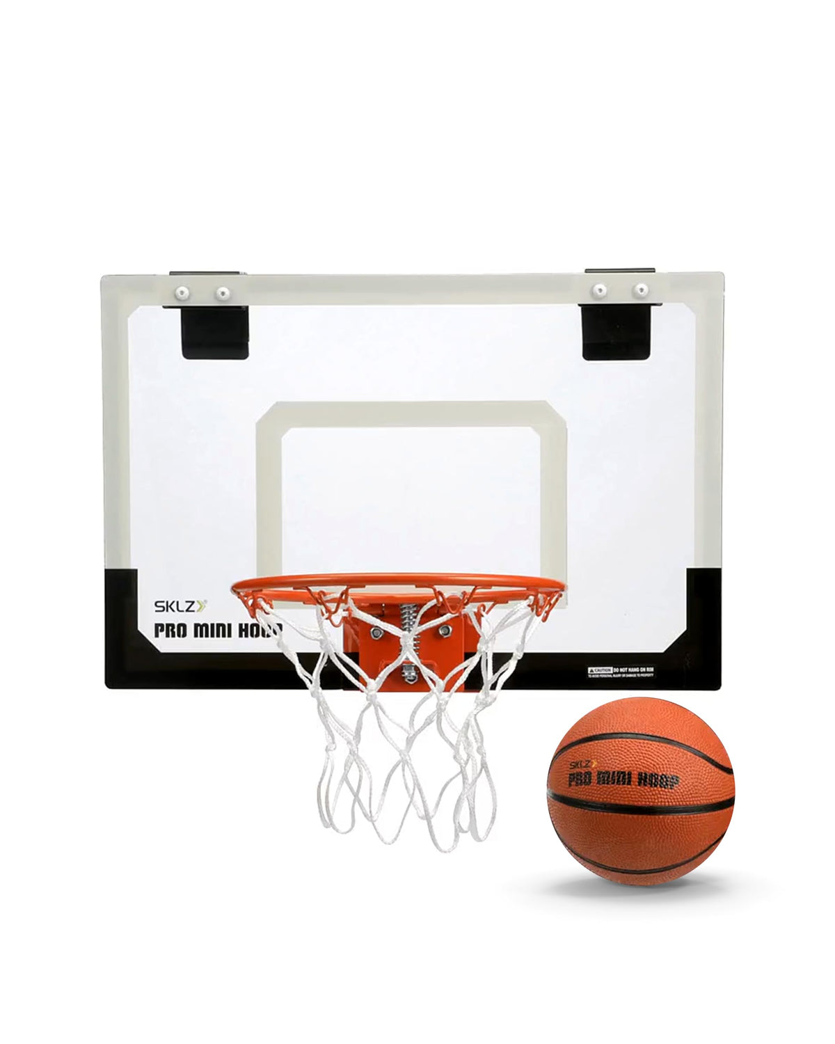 SKLZ mini clear backboard over-door basketball hoop with breakaway rim and 5-inch ball mounted on a door