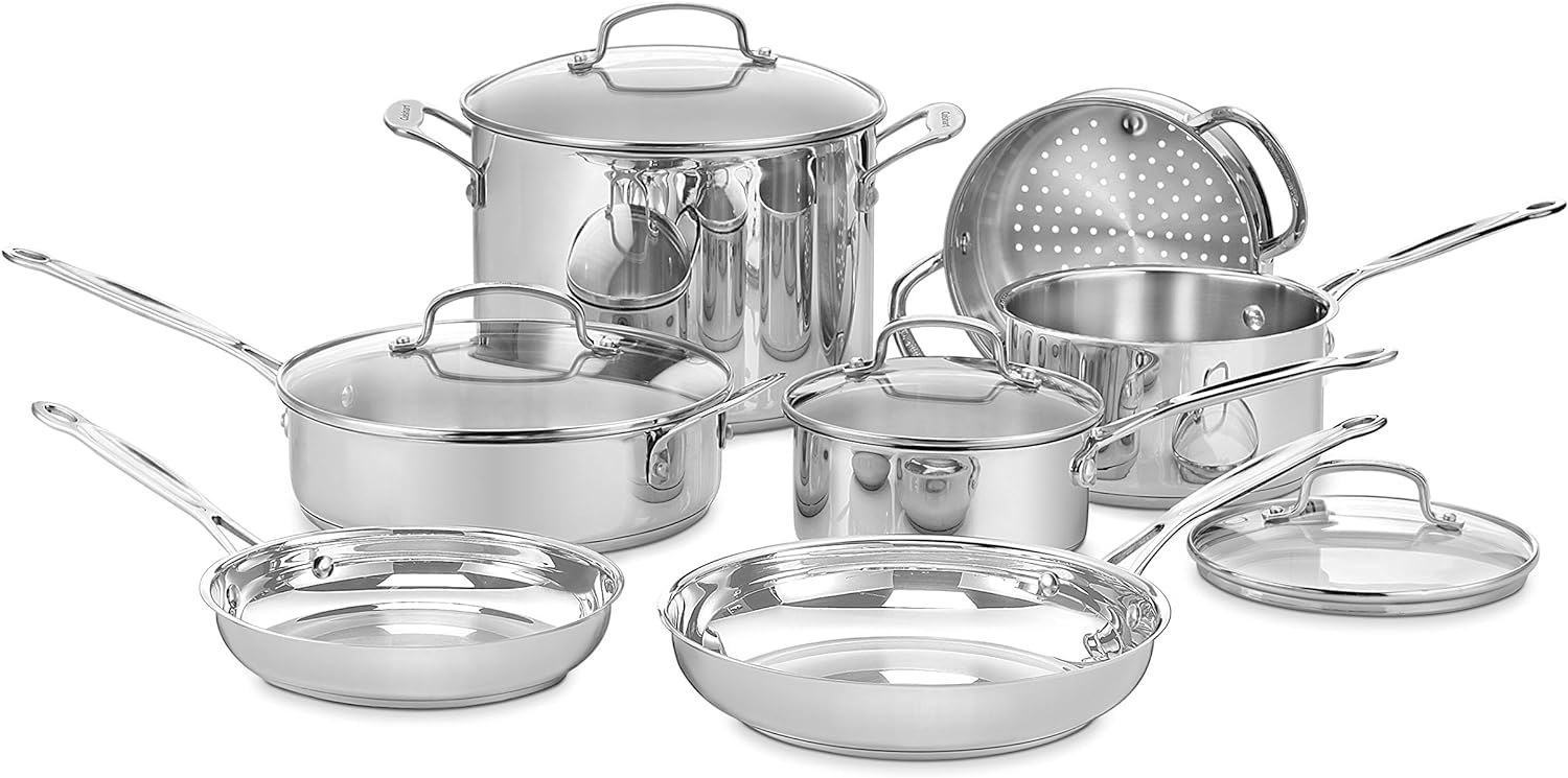 Cuisinart Chef's Classic 11-piece stainless steel pots and pans set displayed on a kitchen countertop