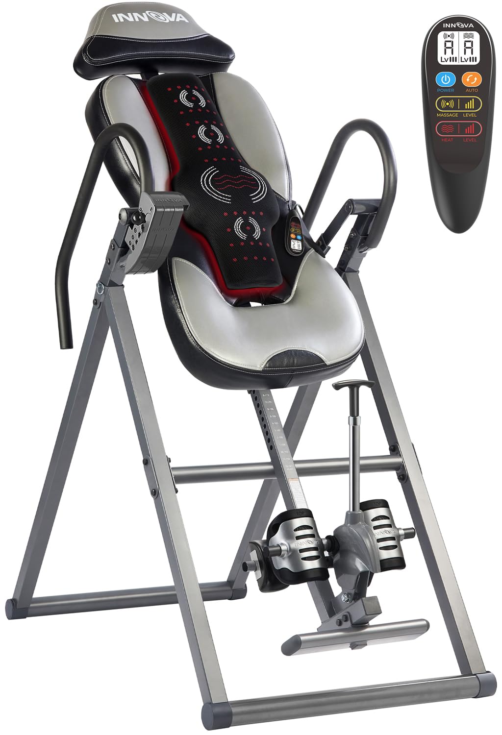 Gray and black Innova ITM5900 inversion table with heated massage pad