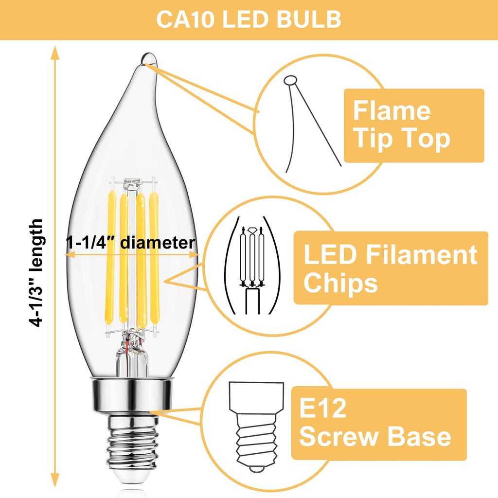 Sigalux Candelabra LED Light Bulb 60W, Chandelier Bulbs Dimmable, 4.5W, 500LM 2700K Soft White, E12 Base, Flame Tip CA10 Candle Light Bulbs, 16 Pack image 4