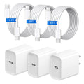 Three Coreykin 20W USB-C wall chargers and three 6ft USB-C charging cables on white background