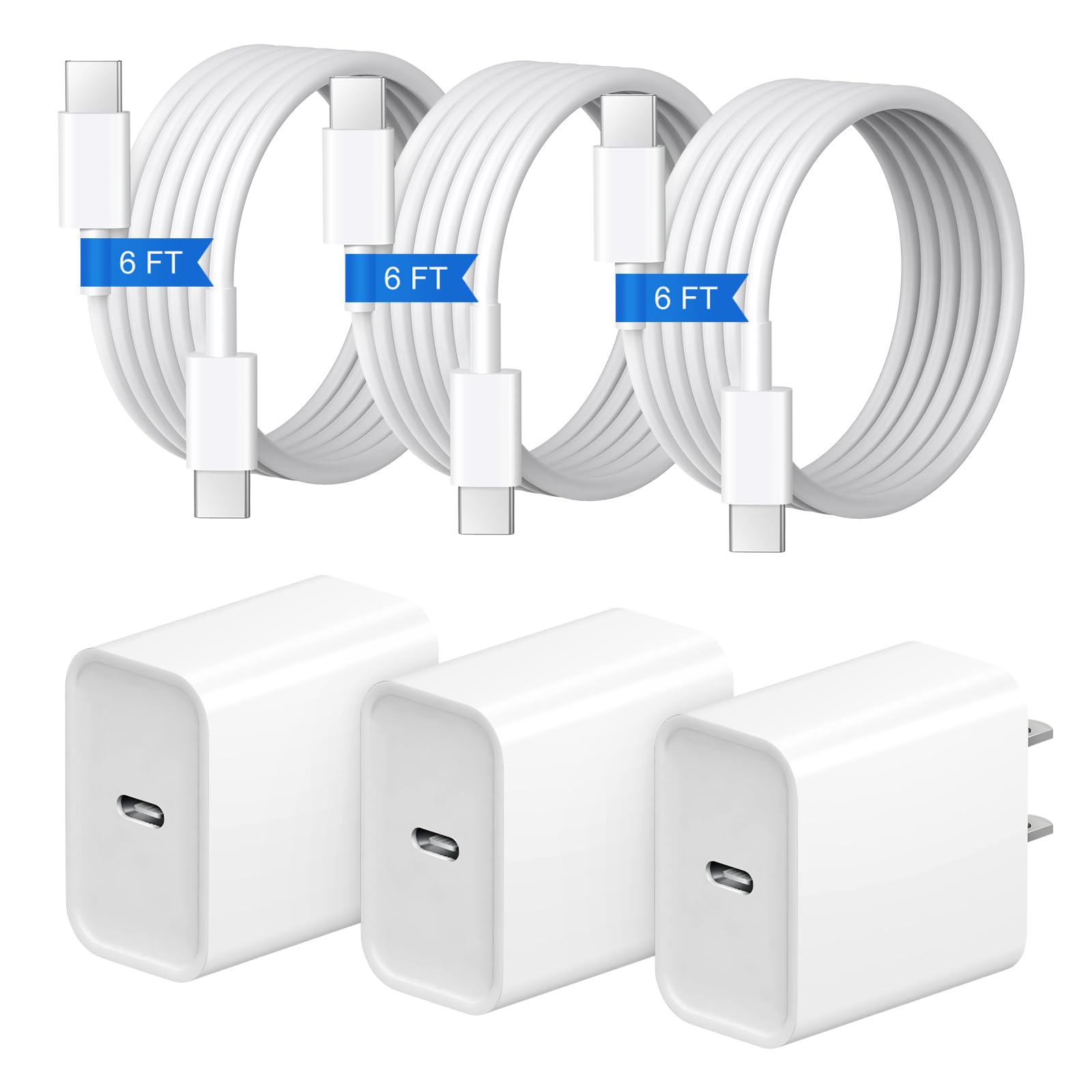 Three Coreykin 20W USB-C wall chargers and three 6ft USB-C charging cables on white background