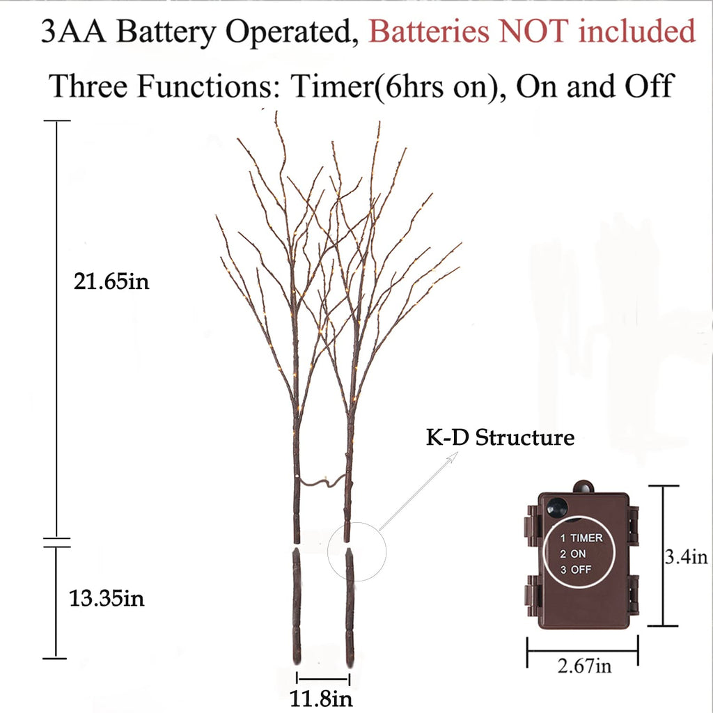 Hairui Lighted Brown Branches Battery Operated with Timer 32IN 100 LED Fairy Lights, Willow Branch Lights for Home Bedroom Fireplace Christmas Holiday Decoration Indoor Outdoor Use (Vase Excluded) image 6