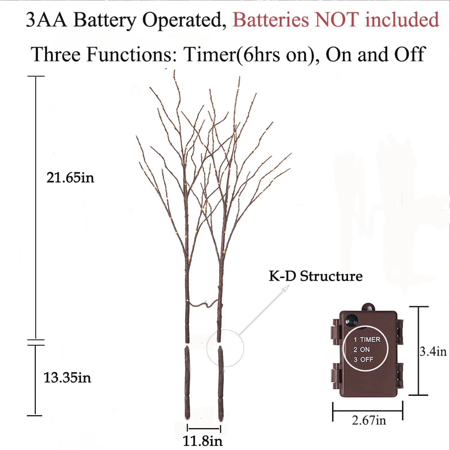 Hairui Lighted Brown Branches Battery Operated with Timer 32IN 100 LED Fairy Lights, Willow Branch Lights for Home Bedroom Fireplace Christmas Holiday Decoration Indoor Outdoor Use (Vase Excluded) image 6