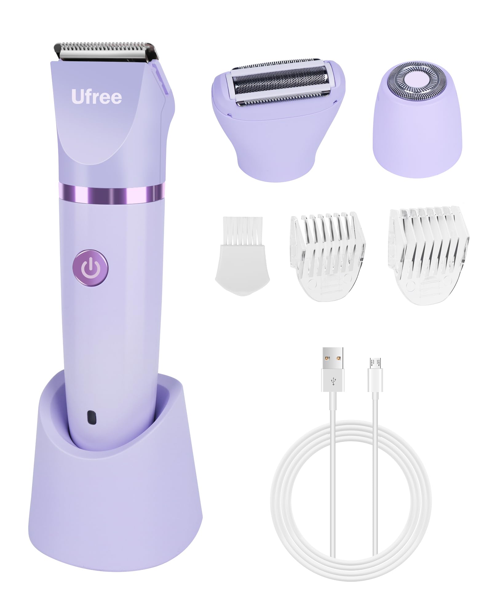 Ufree 3-in-1 electric bikini trimmer showing trimming head and attachments