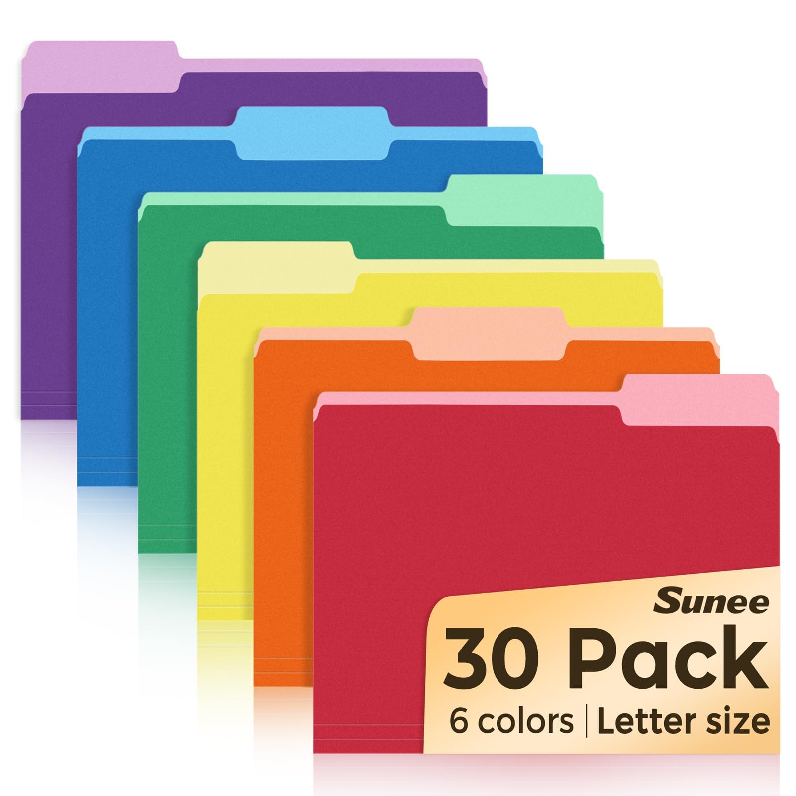 SUNEE manila file folders 8.5 x 11 in six assorted colors fanned on a desk