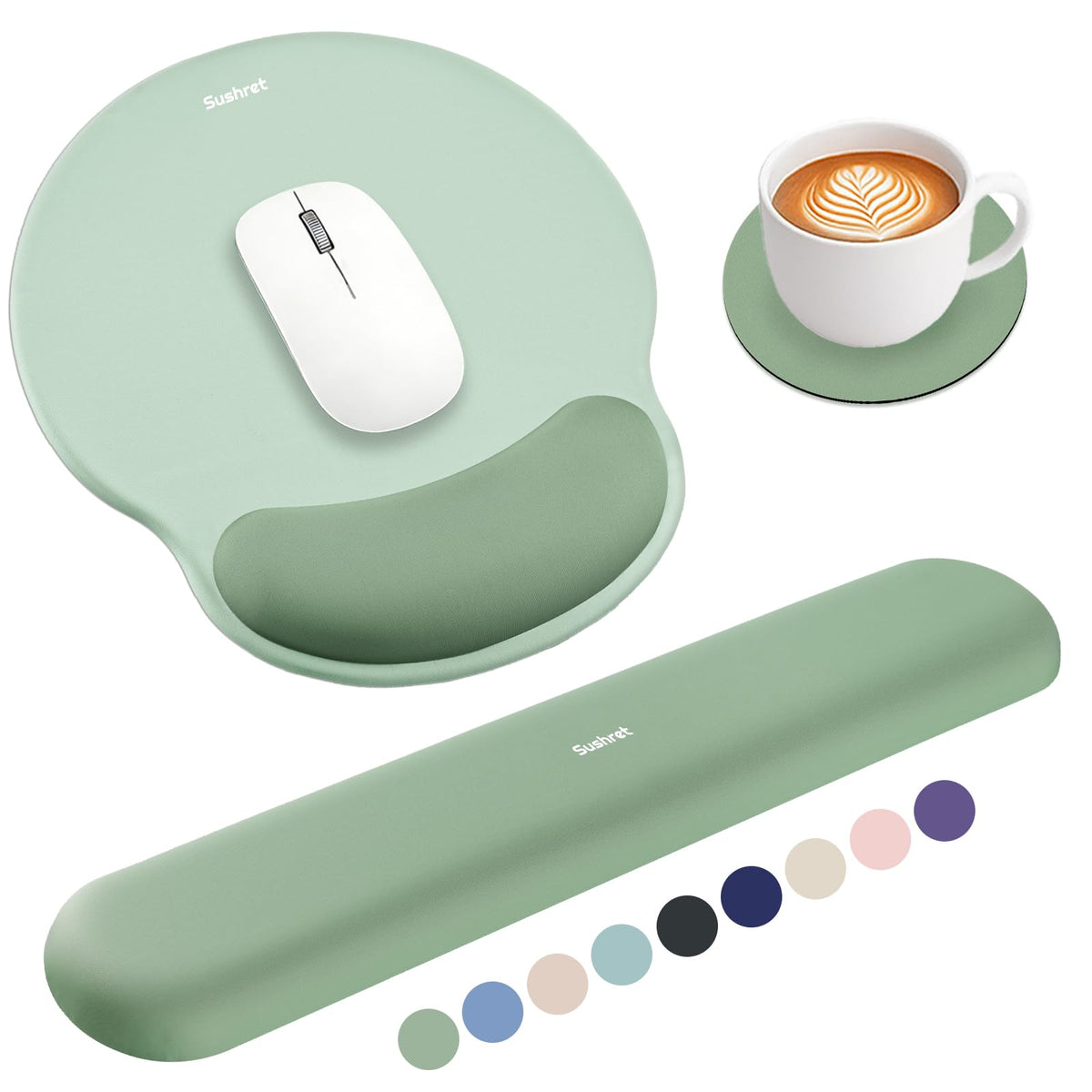 Sage green gel memory foam mouse pad plus keyboard wrist rest on office desk