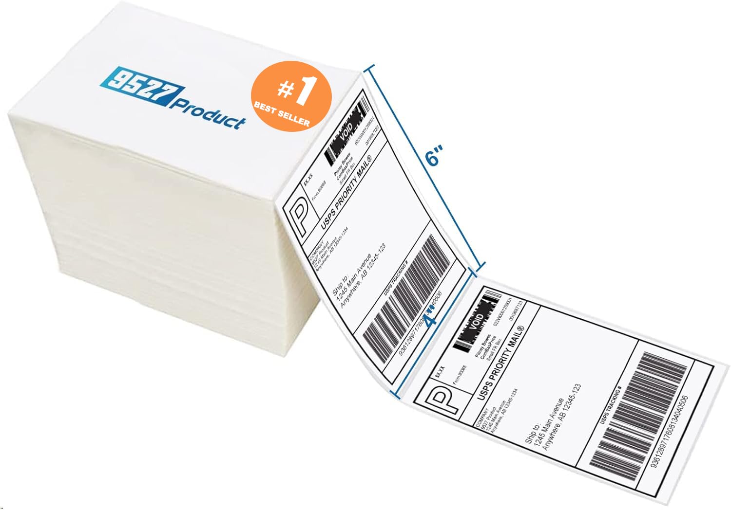 Stack of white fanfold 4x6 perforated direct thermal shipping labels, 500 labels per stack