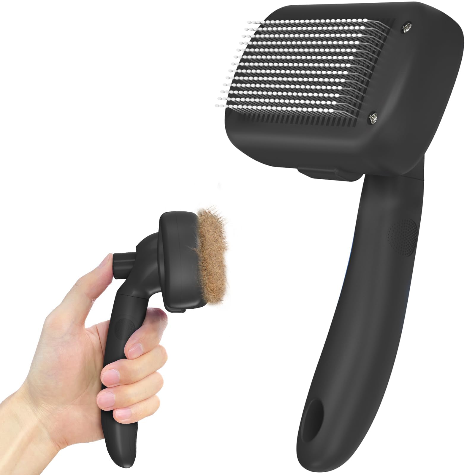Dipoo black self-cleaning deshedding brush, ergonomic handle, metal bristles