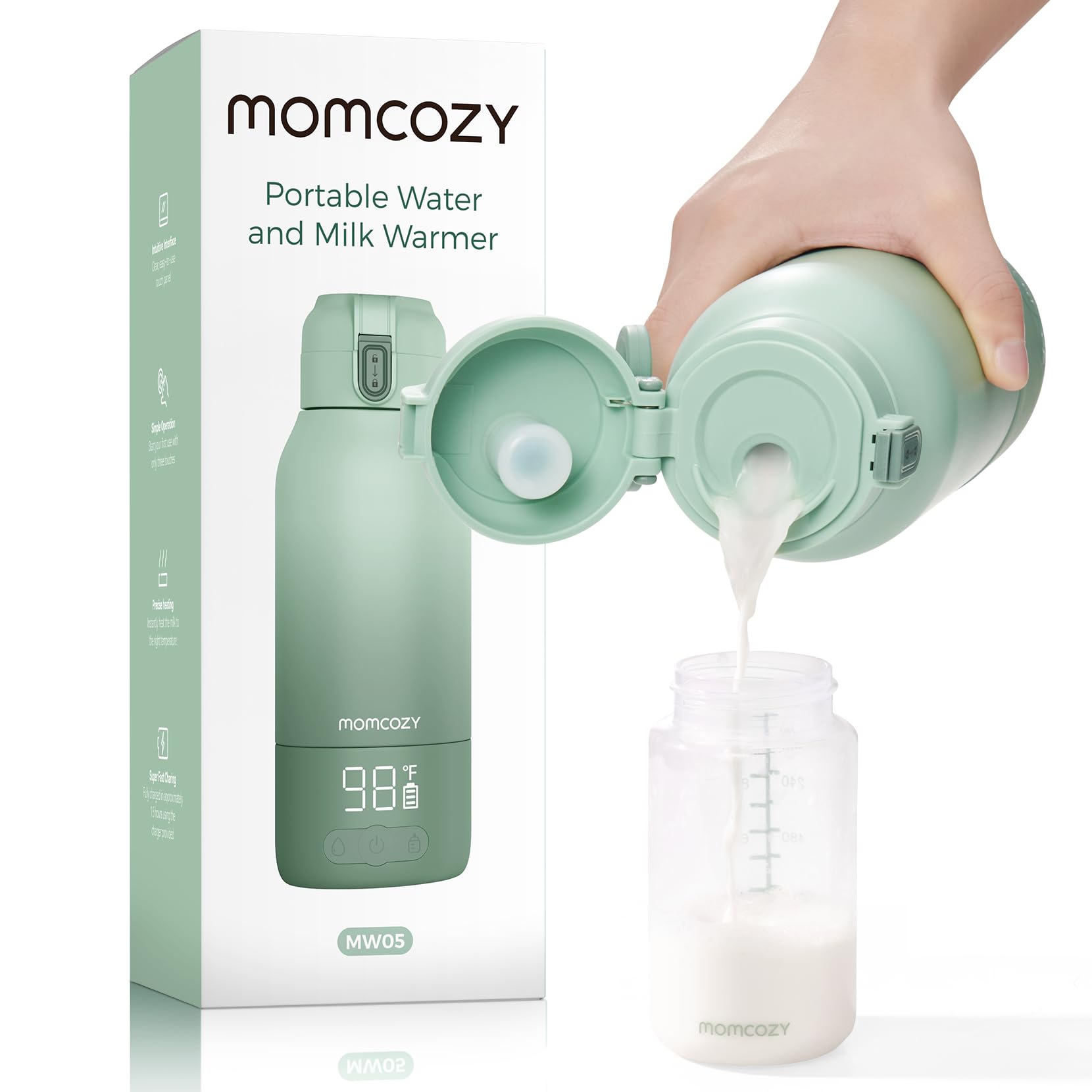 Momcozy portable bottle warmer heating a baby bottle