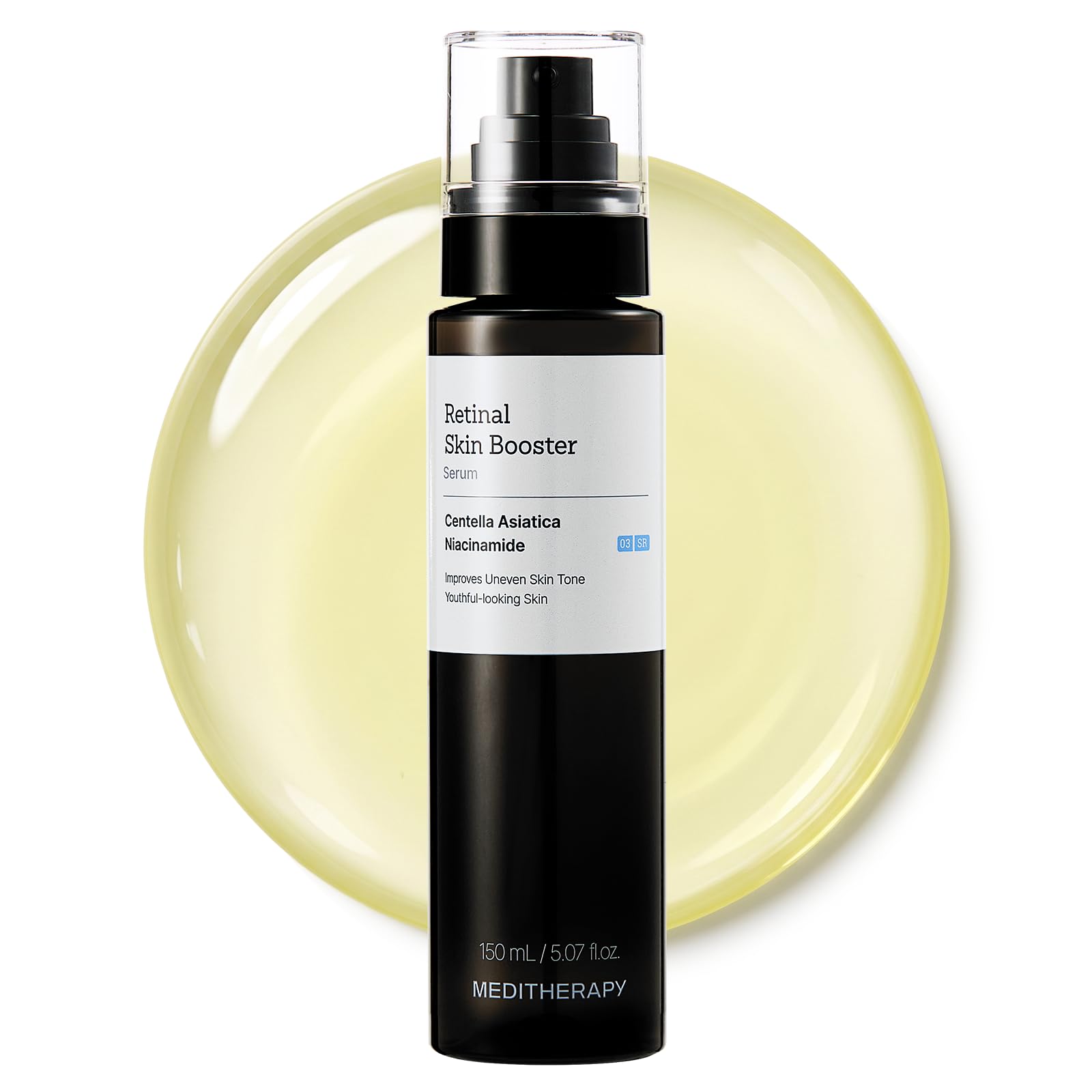 Bottle of MEDITHERAPY Retinal Skin Booster Serum 5.07 fl oz with dropper