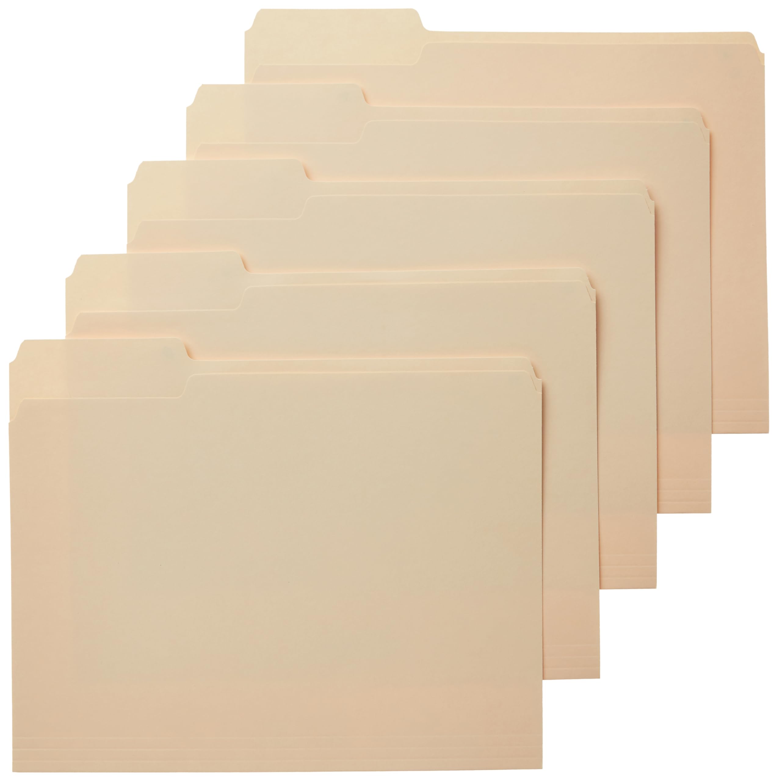 Stack of Amazon Basics manila file folders with reinforced 1/3-cut tabs, letter size