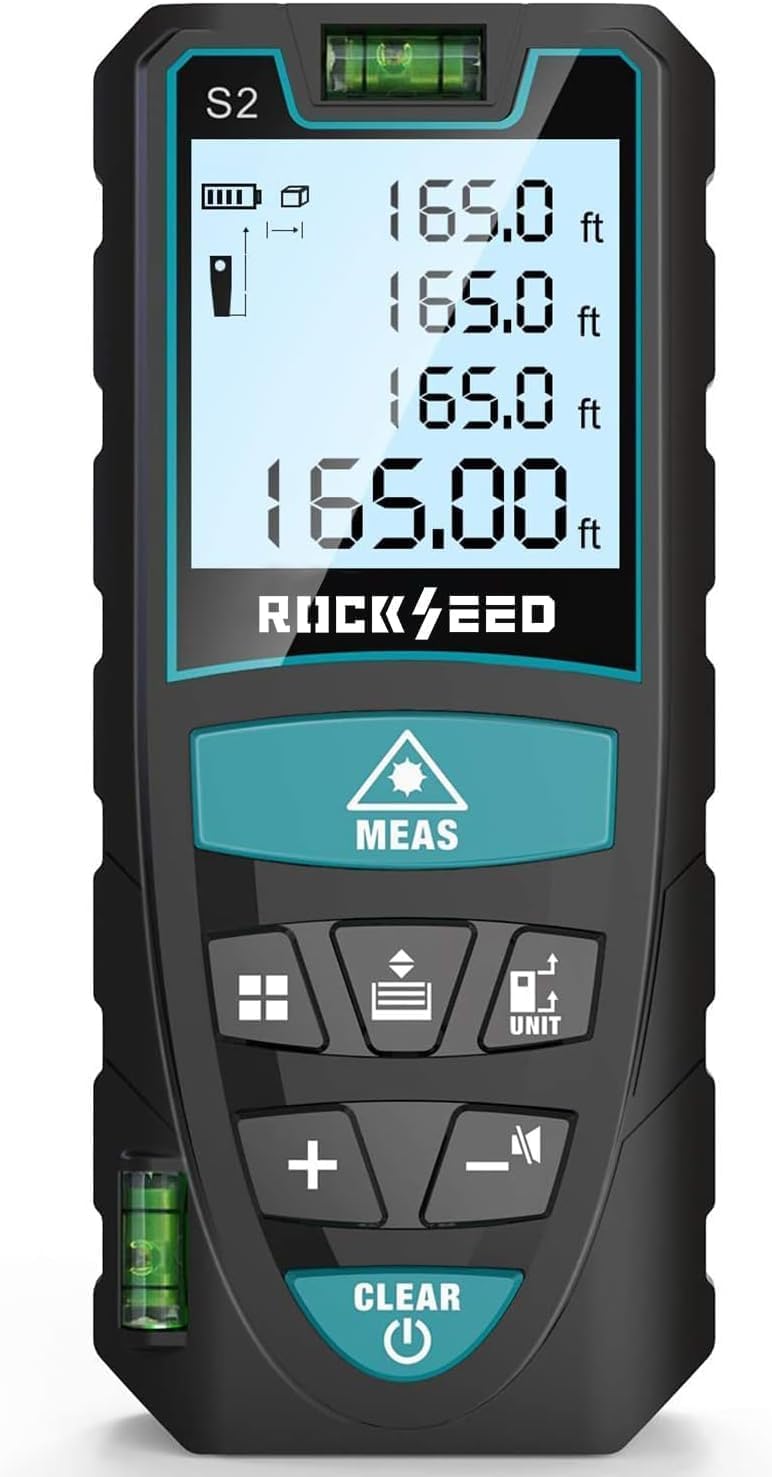 RockSeed digital laser distance meter with backlit LCD and two bubble levels