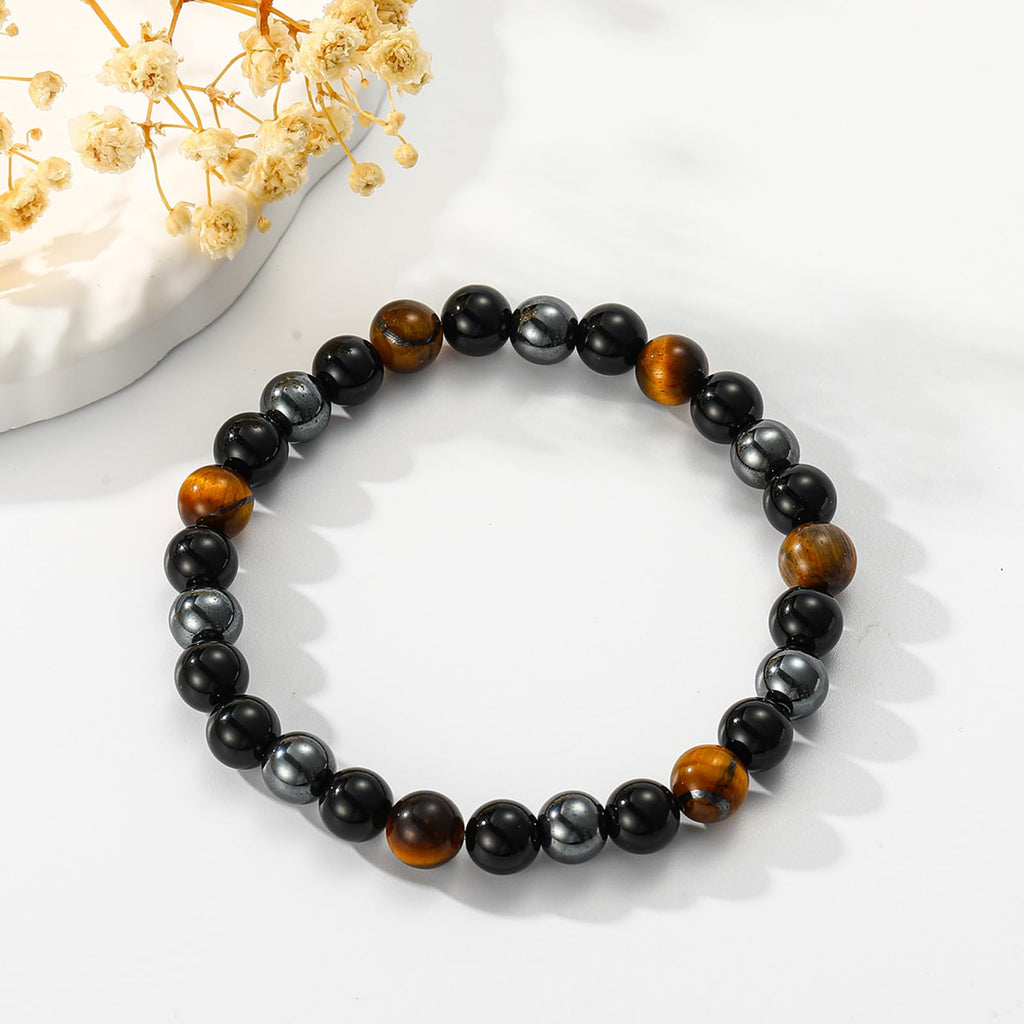 Gnamy Bracelets for Women, Triple Protection Healing Crystal Beaded Bracelets Hematite Black Tourmaline Tigers Eye Natural Worry Stones Anxiety Bracelet Birthday Christmas Jewelry Presents for Mom Best Friends Her Adults Grandma image 2