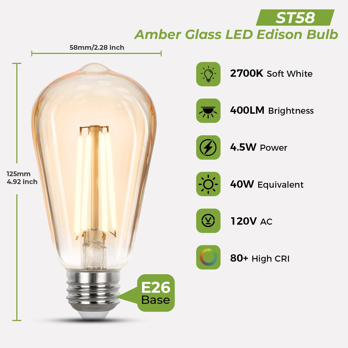 Sigalux LED Edison Bulbs 40 watt Equivalent, E26 Light Bulb Dimmable, Soft White 2700K, Non-dim ST58 Vintage LED Bulbs, 80+ CRI, 4.5W 400LM, E26 Base, 4 Pack image 2