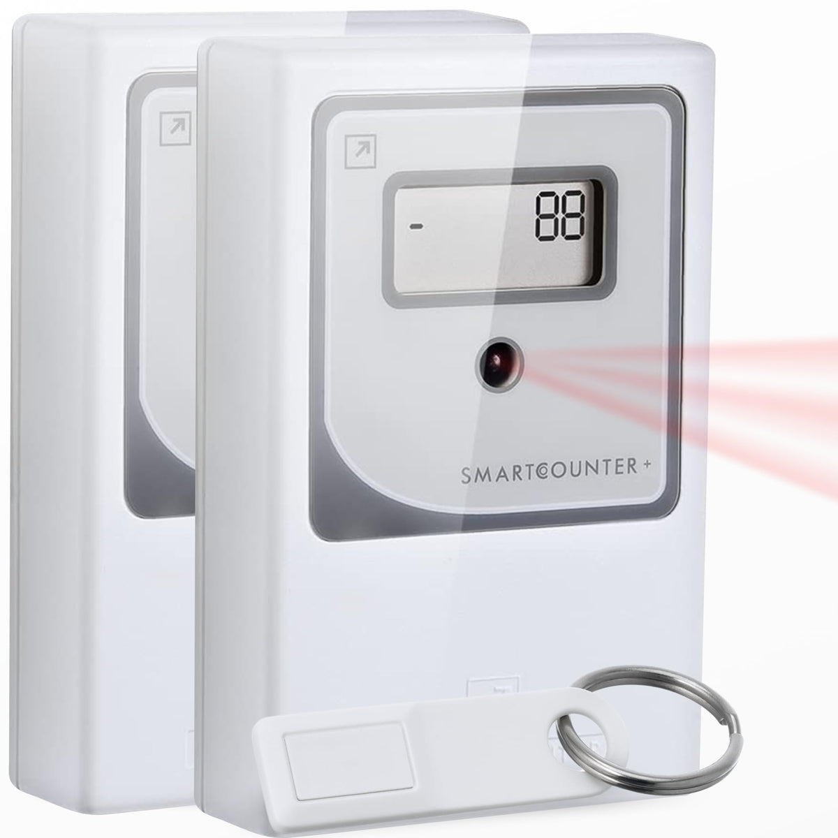 White SmartCoounter wireless infrared people counter sensor mounted above a doorway