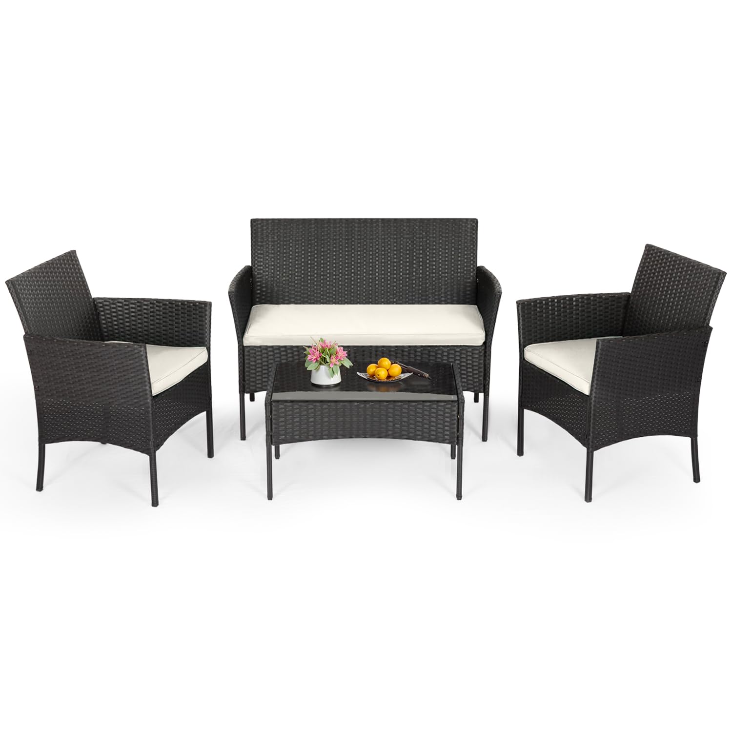 Black FDW 4-piece outdoor wicker patio furniture with chairs and coffee table