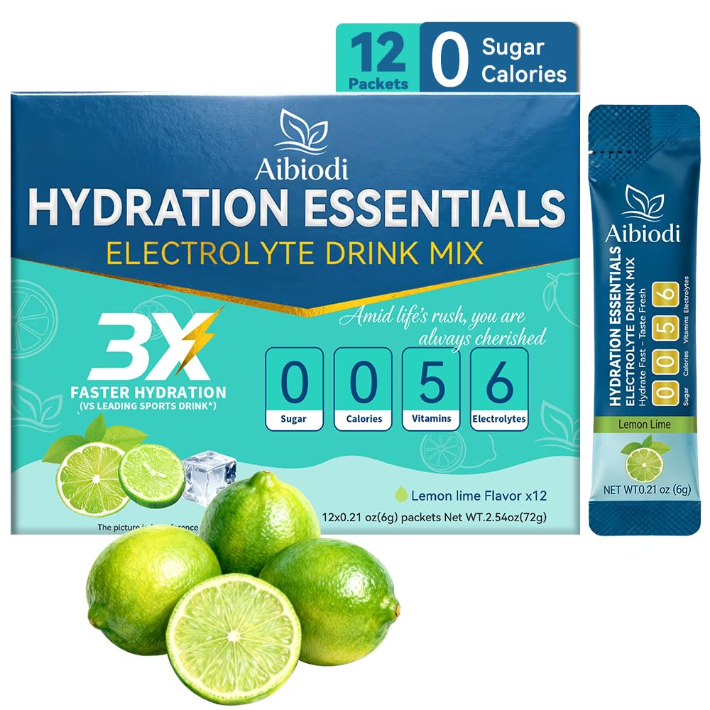 Aibiodi Electrolytes Powder Packets - Sugar Free & Zero Calorie Liquid Daily Drink Mix - Instant Hydration & Energy Supplement with 6 Electrolytes and 5 Vitamins, Keto Friendly & Vegan - 12 Sticks