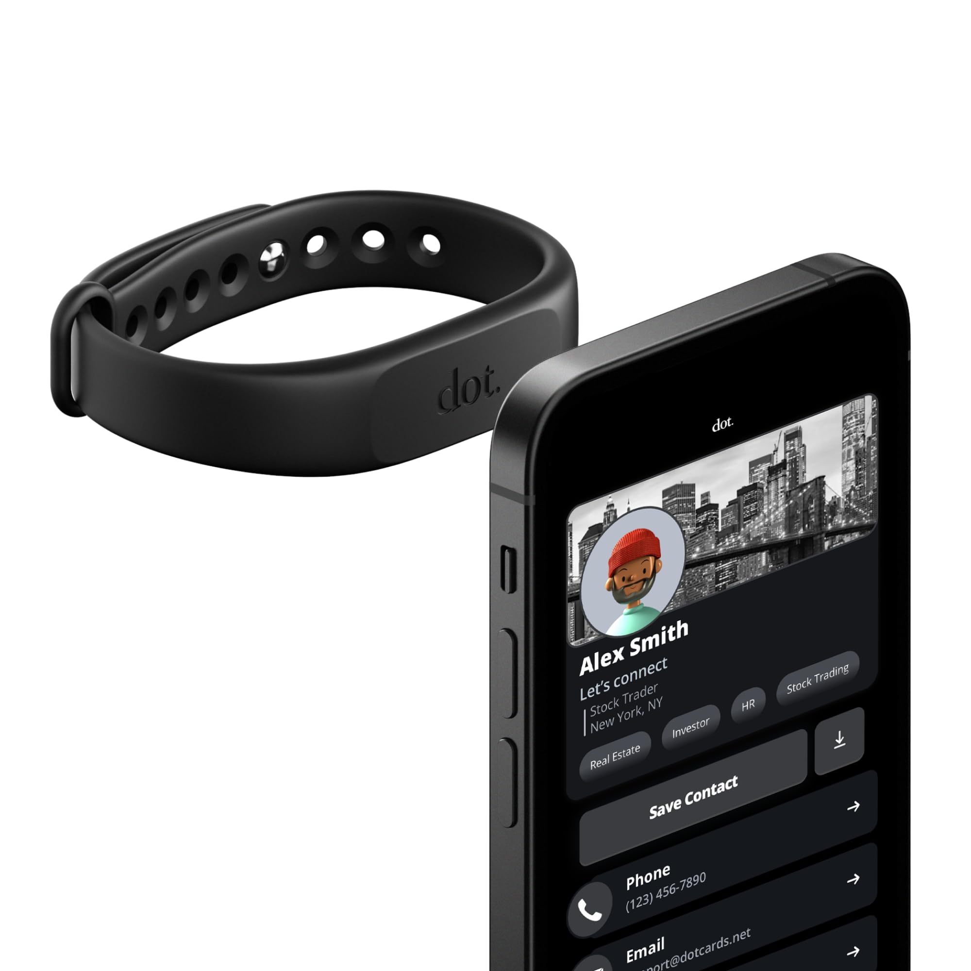 Black dot. Band digital business card wristband showing silicone band and NFC module