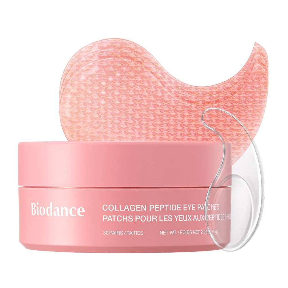 BIODANCE collagen peptide under-eye gel patches in open jar showing crescent patches